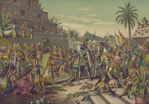 Peinture de Cortés et Moctezuma à la conquête de Tenochtitlán