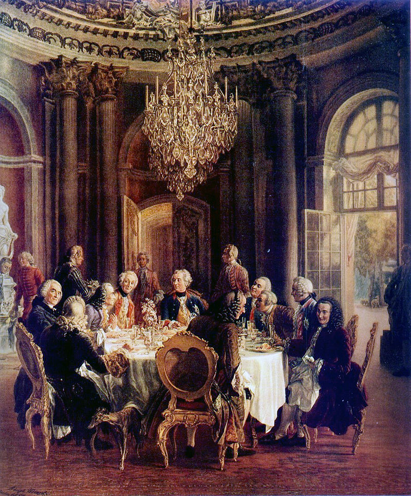 Voltaire avec Frédéric II de Prusse et ses collaborateurs, au Palais de Sanssouci.  Peinture à l'huile d'Adolph von Menzel