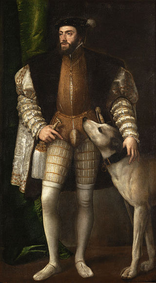 Portrait de Carlos V avec un chien réalisé par le peintre italien Tiziano, en 1548.