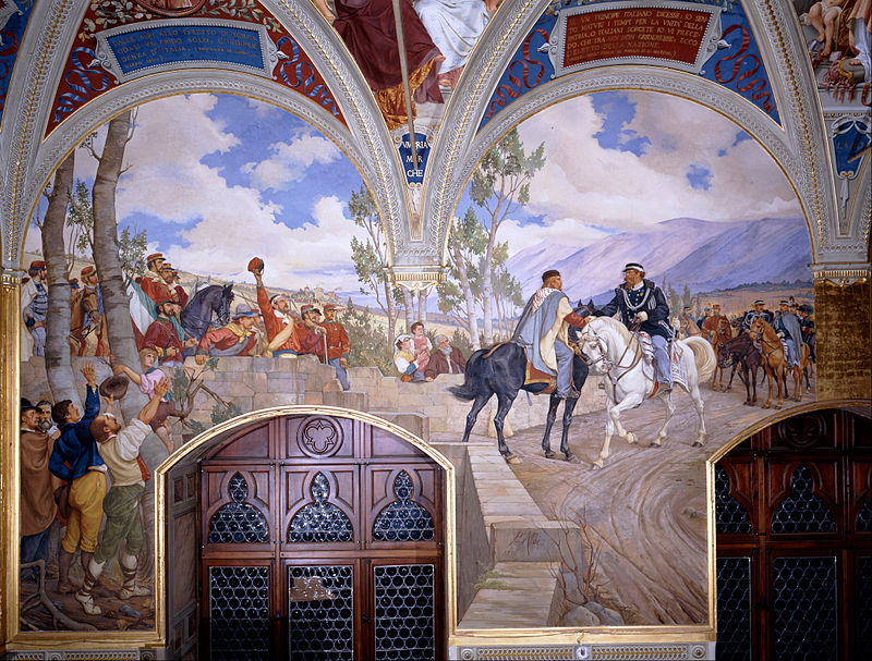 peinture de la rencontre entre Giuseppe Garibaldi et Victor Emmanuel II