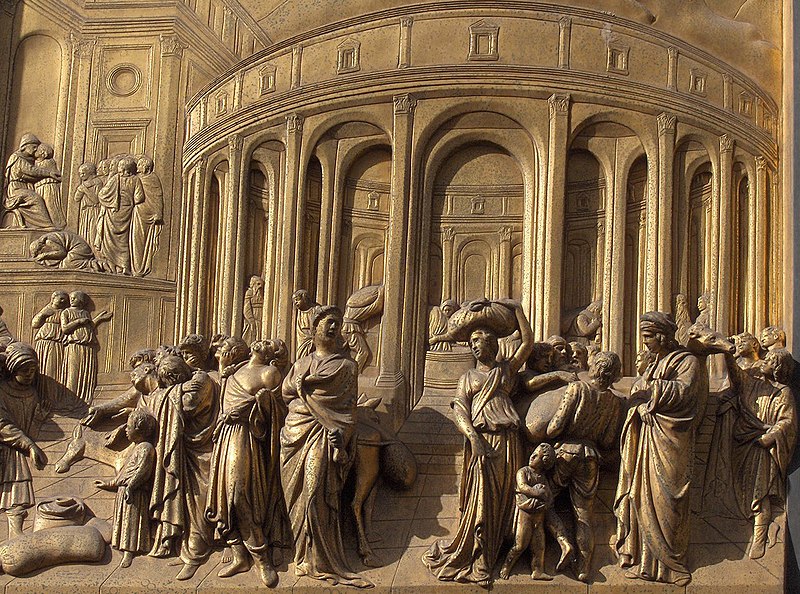 Détail des Portes du Paradis du Baptistère de San Juan, à Florence, Italie.